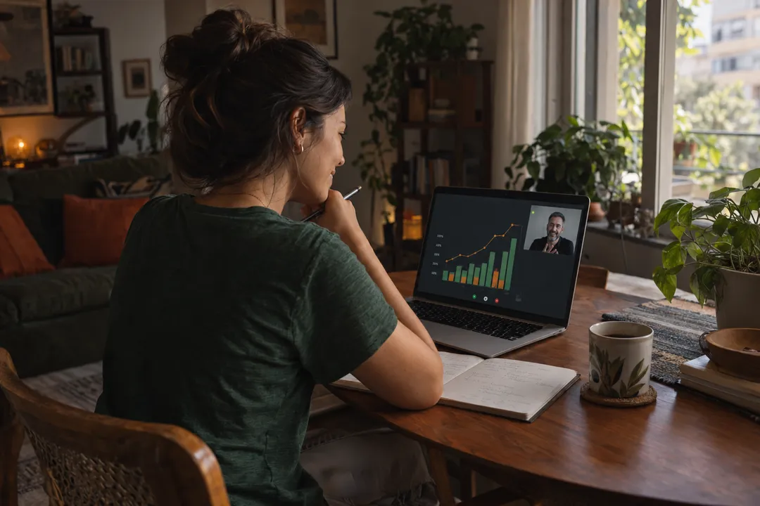 Foto: num sábado de manhã, em casa, uma profissional de finanças acompanha a aula ao vivo e online no notebook, com o instrutor numa janela e um gráfico de resultados na tela.