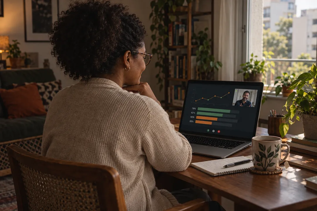 Foto: num sábado de manhã, em casa, uma profissional de RH sorri ao acompanhar a aula ao vivo e online, com o instrutor numa janela e um gráfico de indicadores de pessoas na tela.