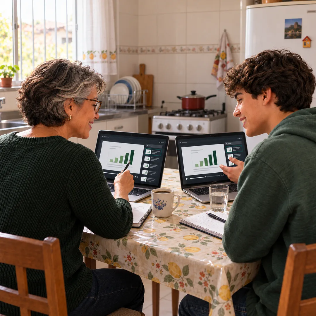 Mãe e filho estudam juntos na mesa da cozinha, cada um no seu notebook, assistindo a uma aula gravada.