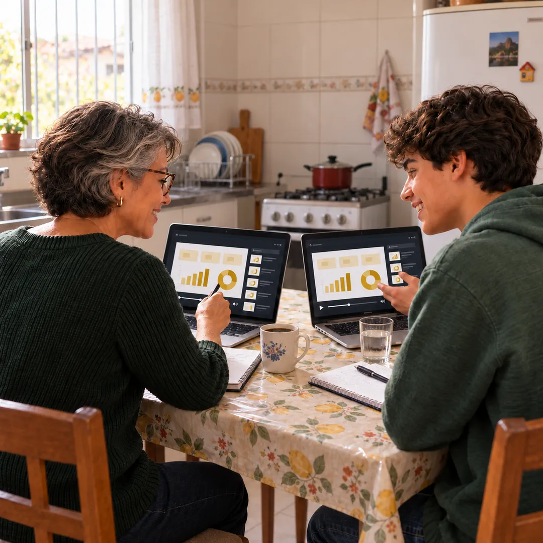 Mãe e filho estudam juntos na mesa da cozinha, cada um no seu notebook, assistindo a uma aula gravada.