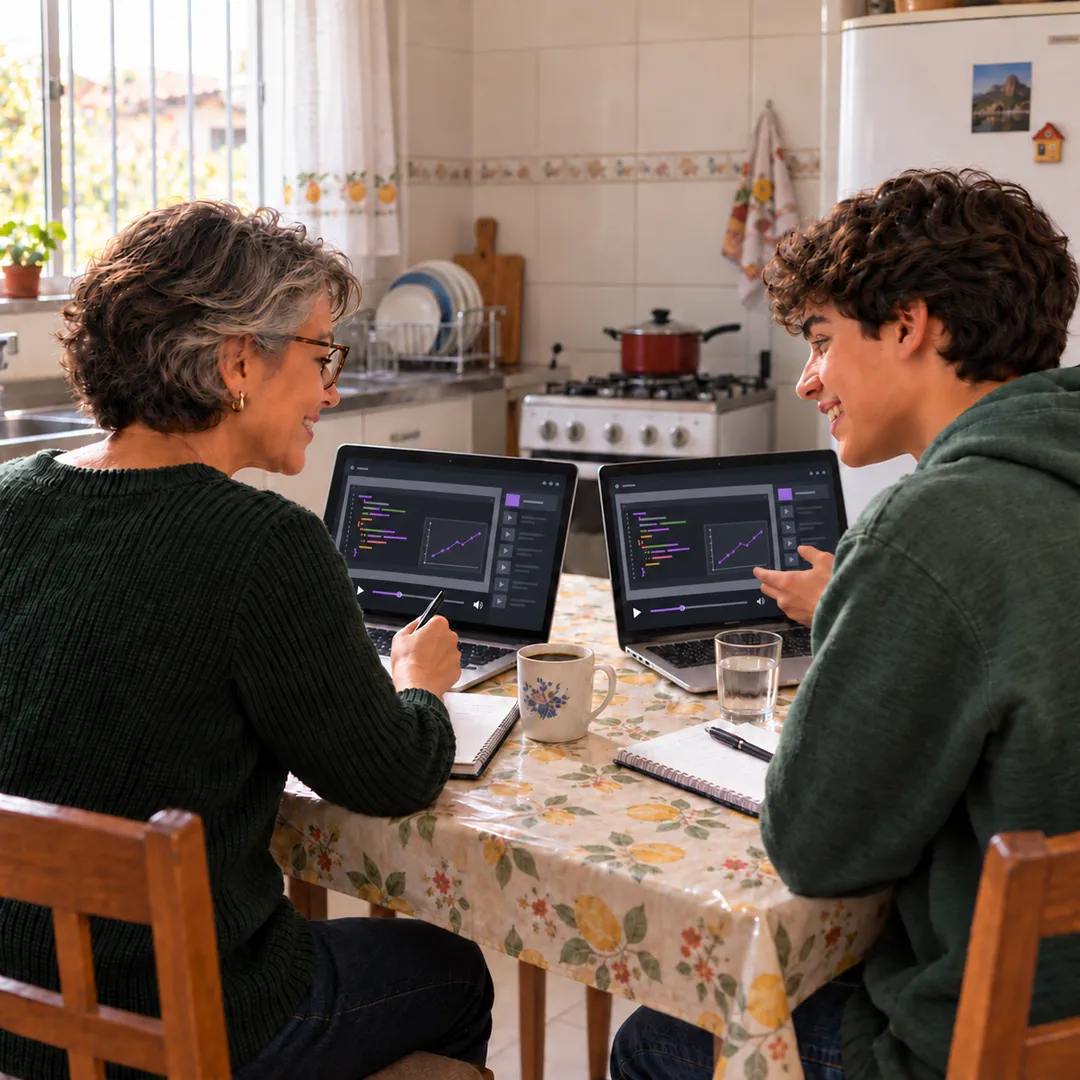 Mãe e filho estudam juntos na mesa da cozinha, cada um no seu notebook, assistindo a uma aula gravada.