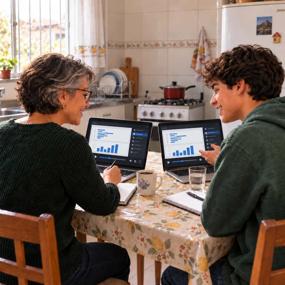 Mãe e filho estudam juntos na mesa da cozinha, cada um no seu notebook, assistindo a uma aula gravada.